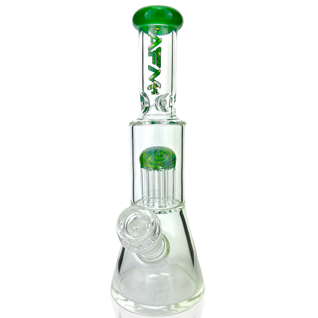 10" AFM Glass Mini Beaker Bong with Reversal Arm Perc in Forest Green, Front View on White Background