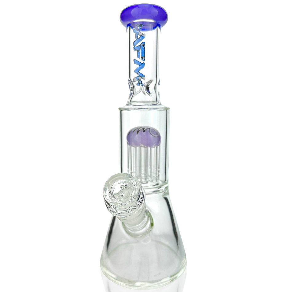 AFM Glass 10" Mini Beaker Bong with Purple Reversal Arm Perc, Bent Neck, and Bowl