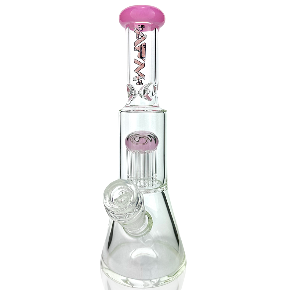 AFM Glass Mini Beaker Bong with Pink Reversal Arm Perc and Bent Neck Design, Front View