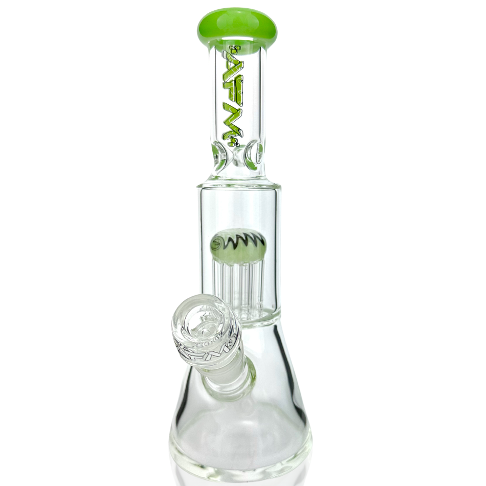 10" AFM Glass Mini Beaker Bong with Reversal Arm Perc and Slime Accents - Front View