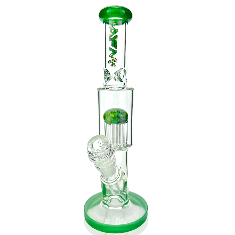 11" AFM Glass Mini Beaker Bong with Tree Perc in Forest Green, Front View on White Background