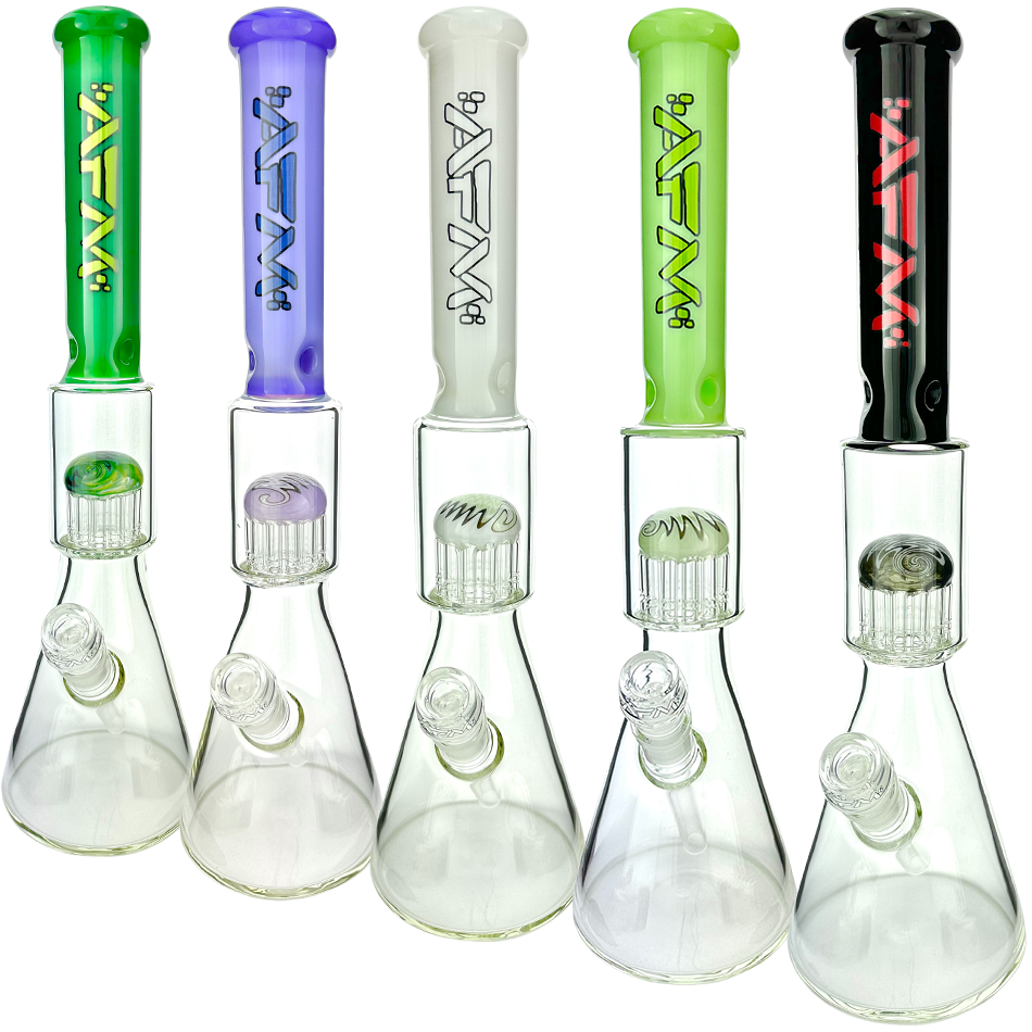 AFM 18" Reversal Sleeve Glass Bongs with Tree Perc in various colors, front view on white background