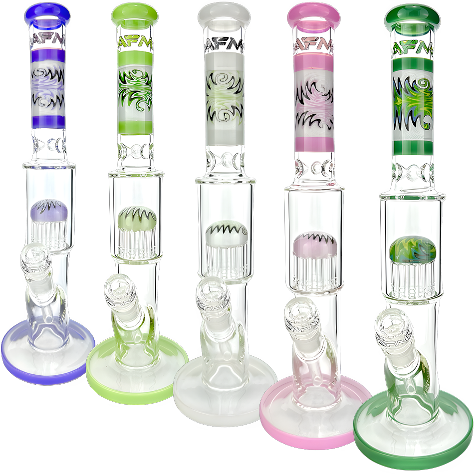 AFM 18" Glass Straight Tube Dab Rigs with Color Accents and Showerhead Perc