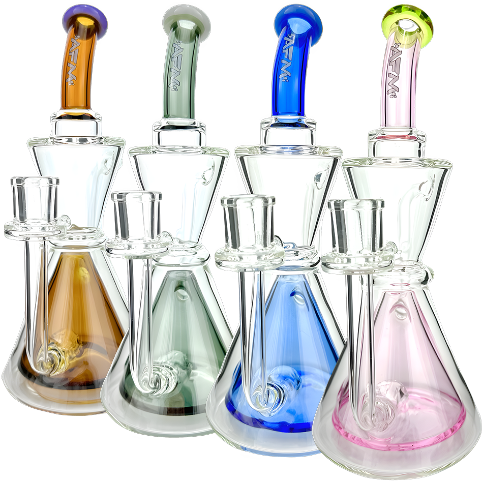 AFM Pyramid Perc Glass Recyclers in various colors with clear chambers, front view on white background