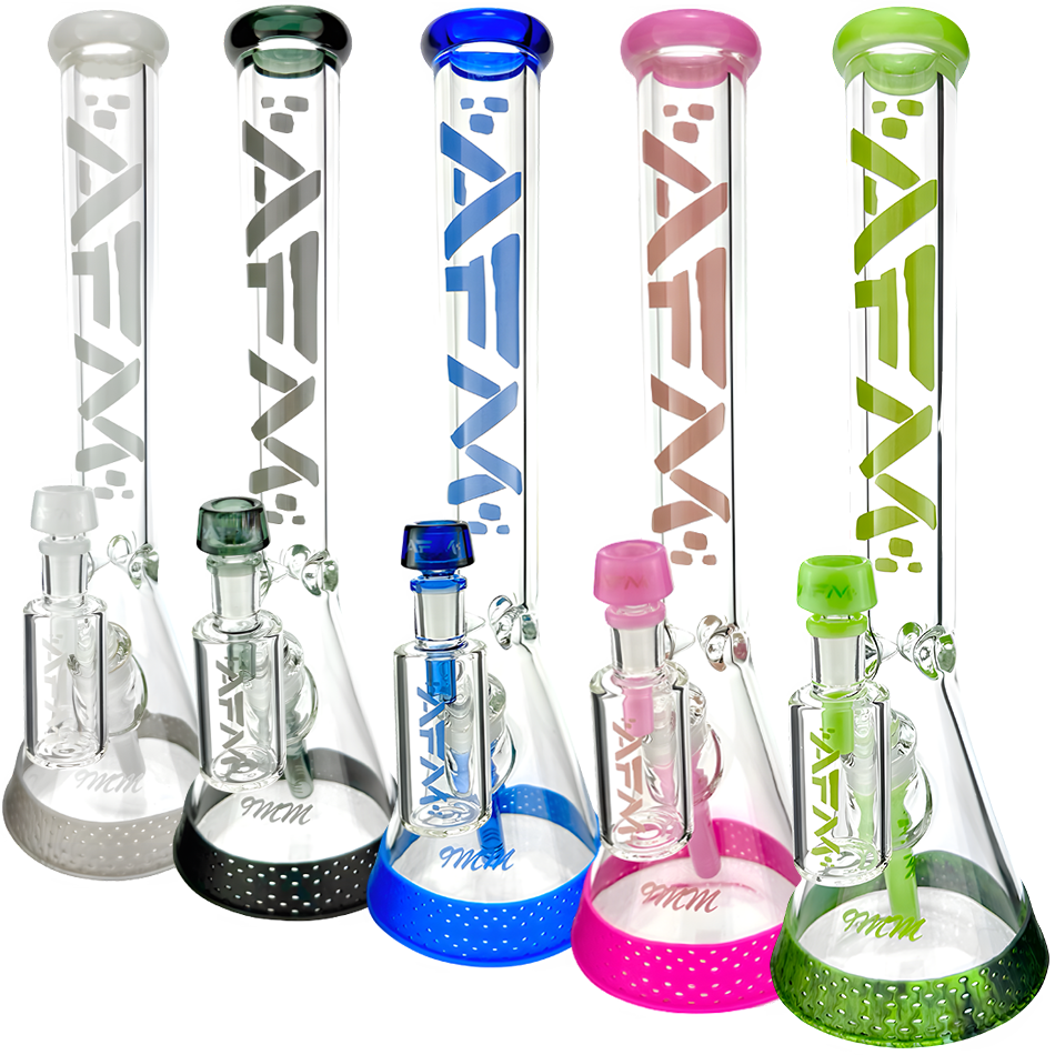 AFM Symphony 9mm Glass Beaker Bongs in various colors with Showerhead Perc, front view