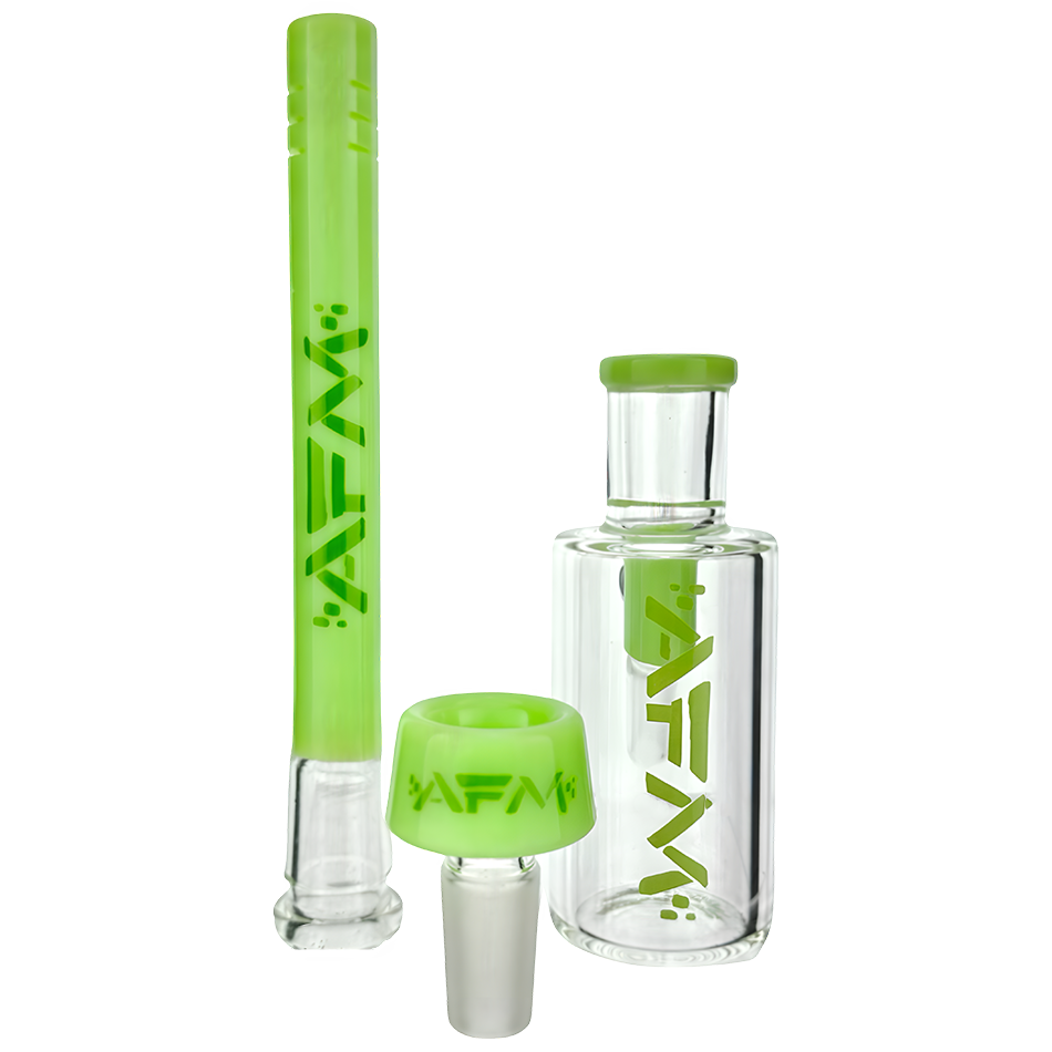 AFM Symphony 9mm Glass Beaker Bong Bundle with green accents - Front View