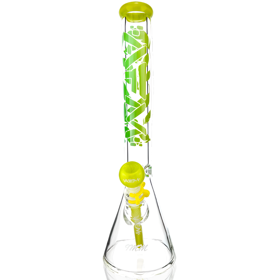 AFM Phoenix 9mm Clear Glass Beaker Bong with Yellow Accents and Showerhead Perc