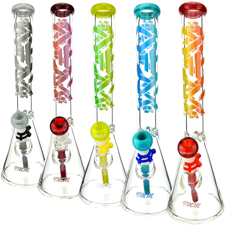 AFM Phoenix 9mm Glass Beaker Bongs in various colors with showerhead percs, front view