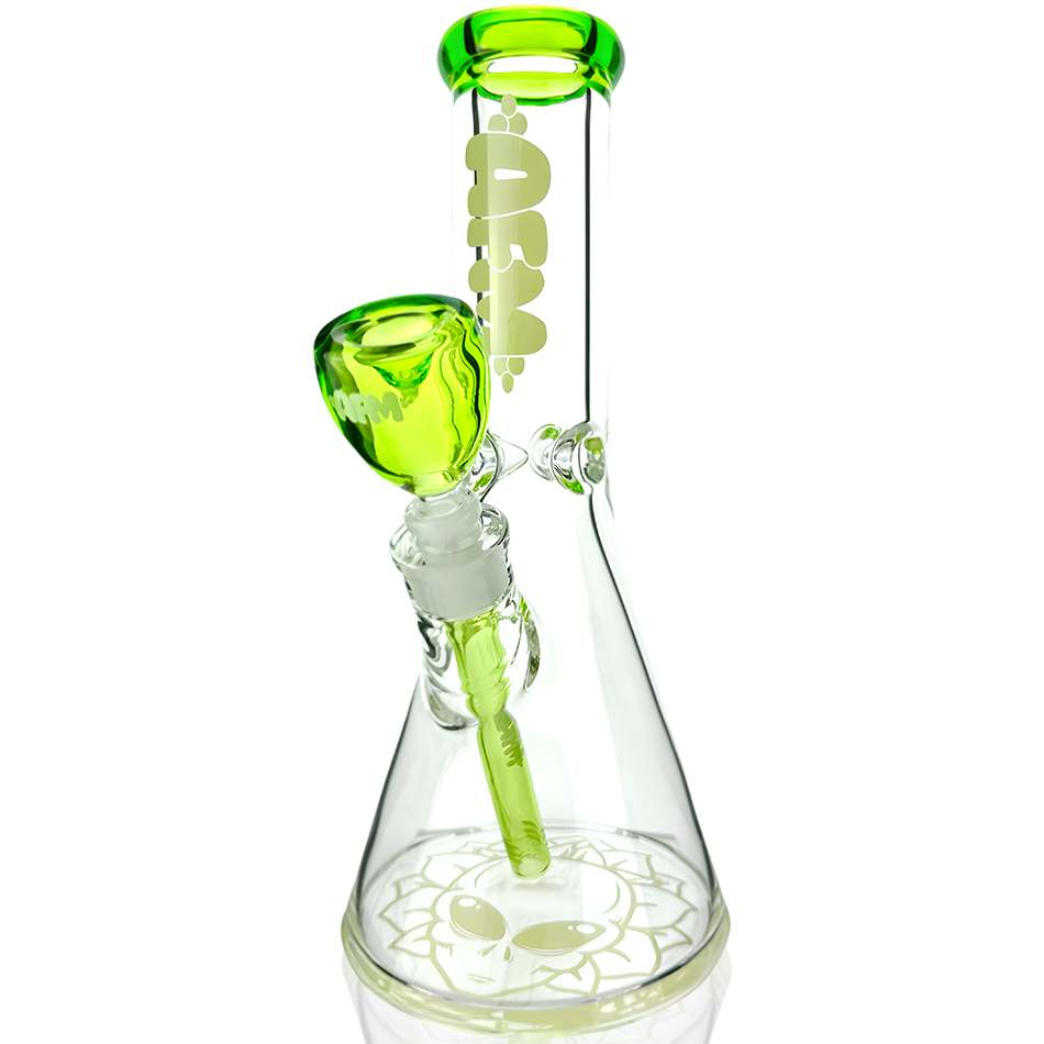 AFM Glass Chubbi Beaker Bong, 12" Clear with Lime Colored Lip and Showerhead Perc, Front View