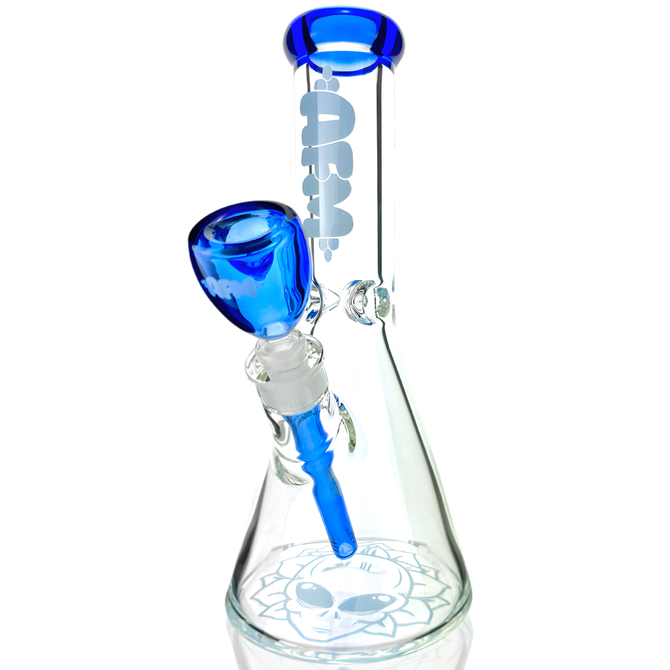 12" AFM Glass Chubbi Beaker Bong with Ink Blue Colored Lip and Showerhead Perc, Front View