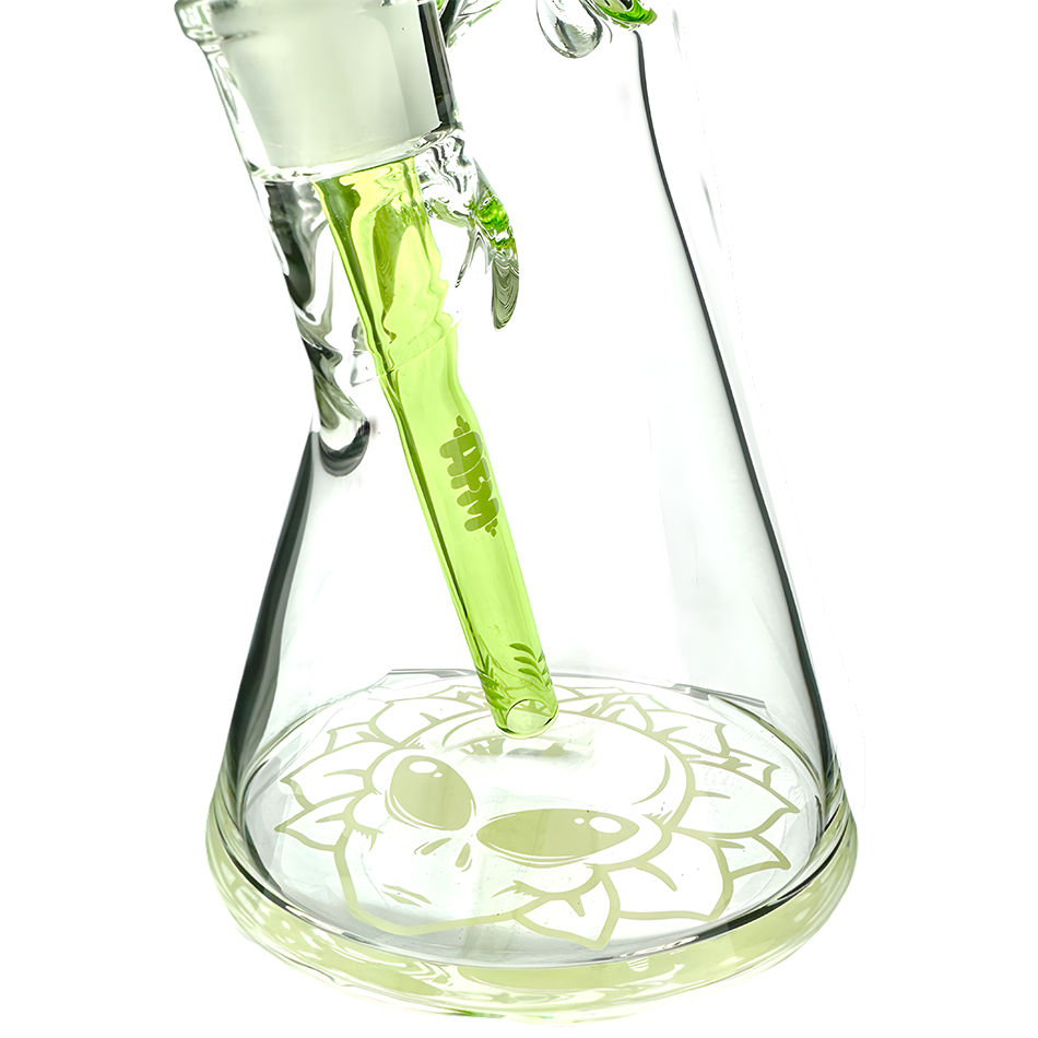 Close-up of AFM Glass Chubbi Beaker Bong with green colored lip and showerhead perc