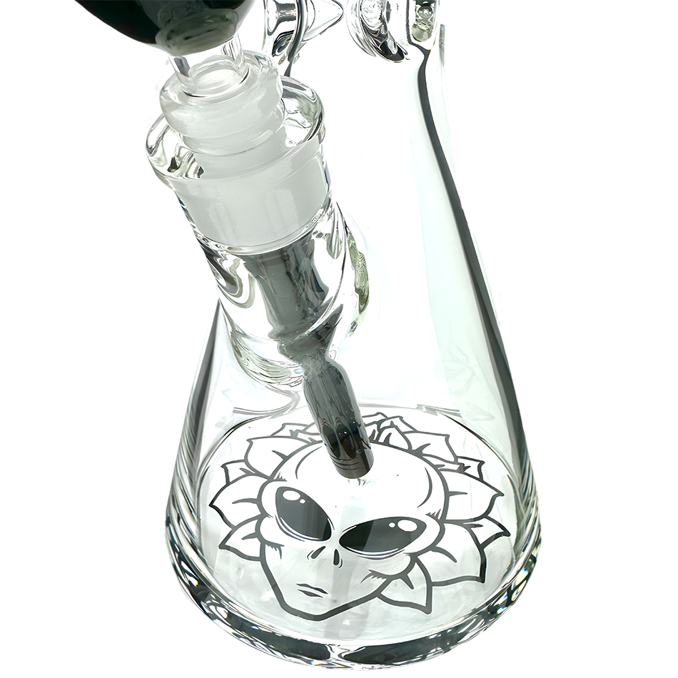 AFM Glass 12" Chubbi Beaker Bong with clear glass and alien decal, 14mm female joint, side view