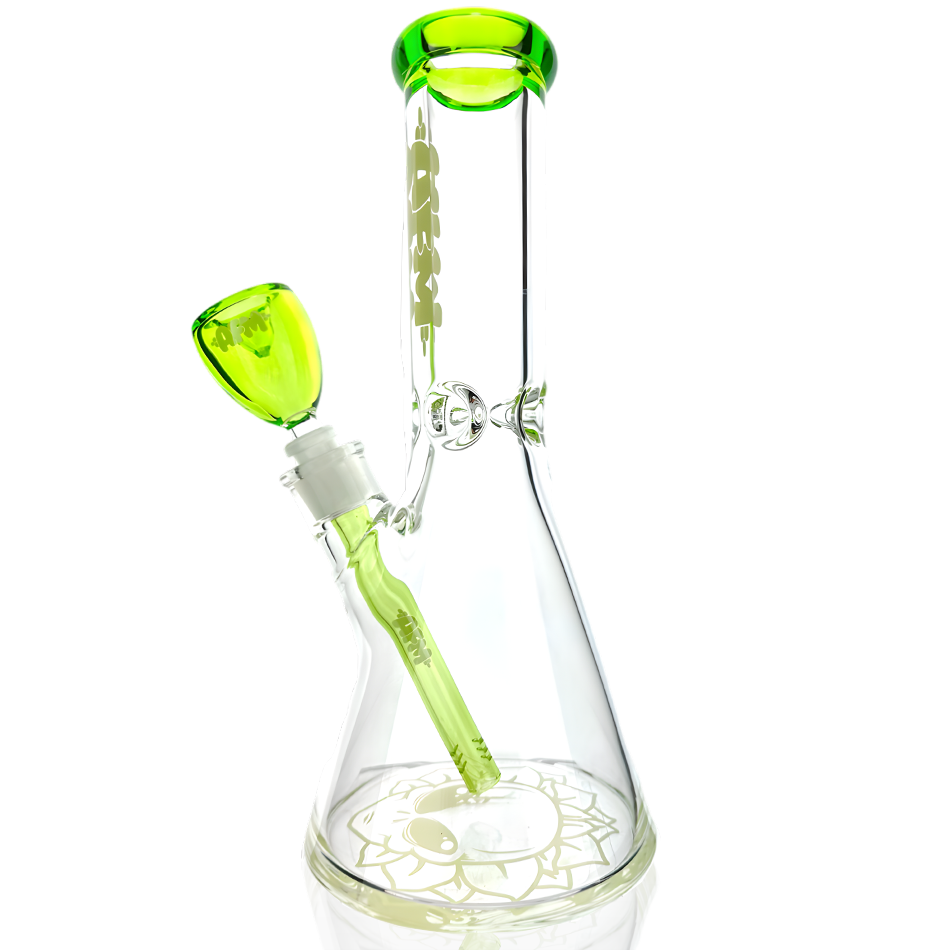 12" AFM Glass Chubbi Beaker Bong with green colored lip and showerhead perc, front view on white background