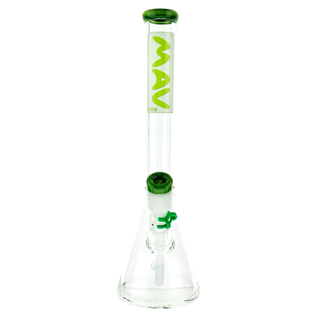 MAV Glass 18" Beaker Bong with green accents and thick borosilicate glass, front view on white background