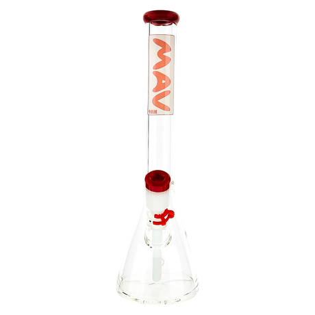 Front view of 18" x 9mm MAV Glass Layered Accented Beaker Bong with red details and clear borosilicate glass.