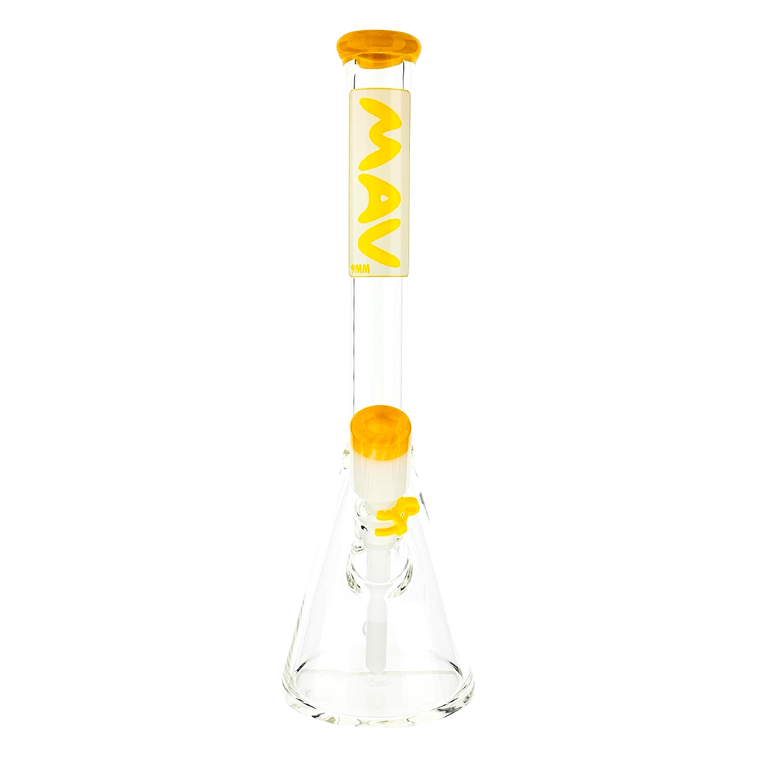 18" MAV Glass Layered Accented Beaker Bong with thick borosilicate glass and colored accents, front view