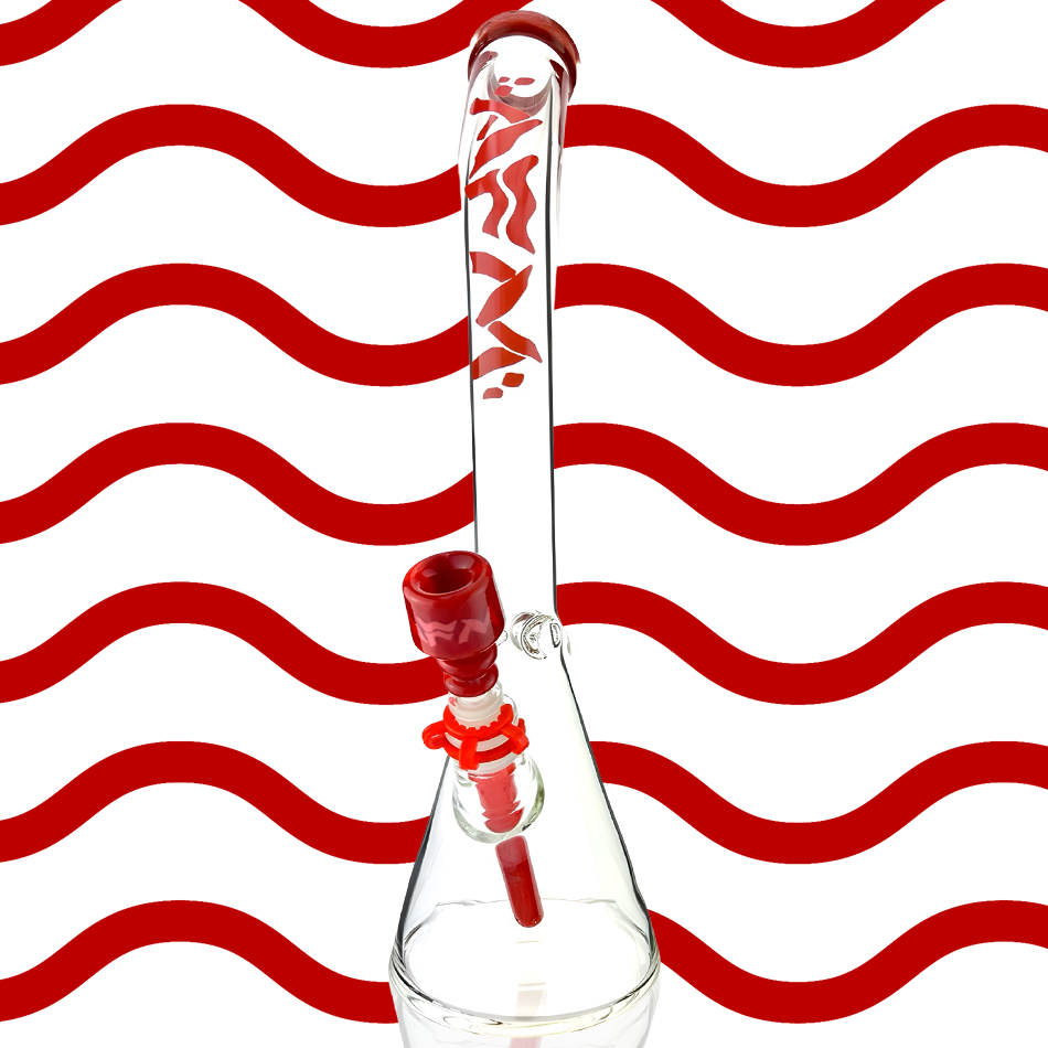 AFM 18" Wavy Bent Neck Beaker Bong with 7mm Colored Lip and Deep Bowl on White and Red Background