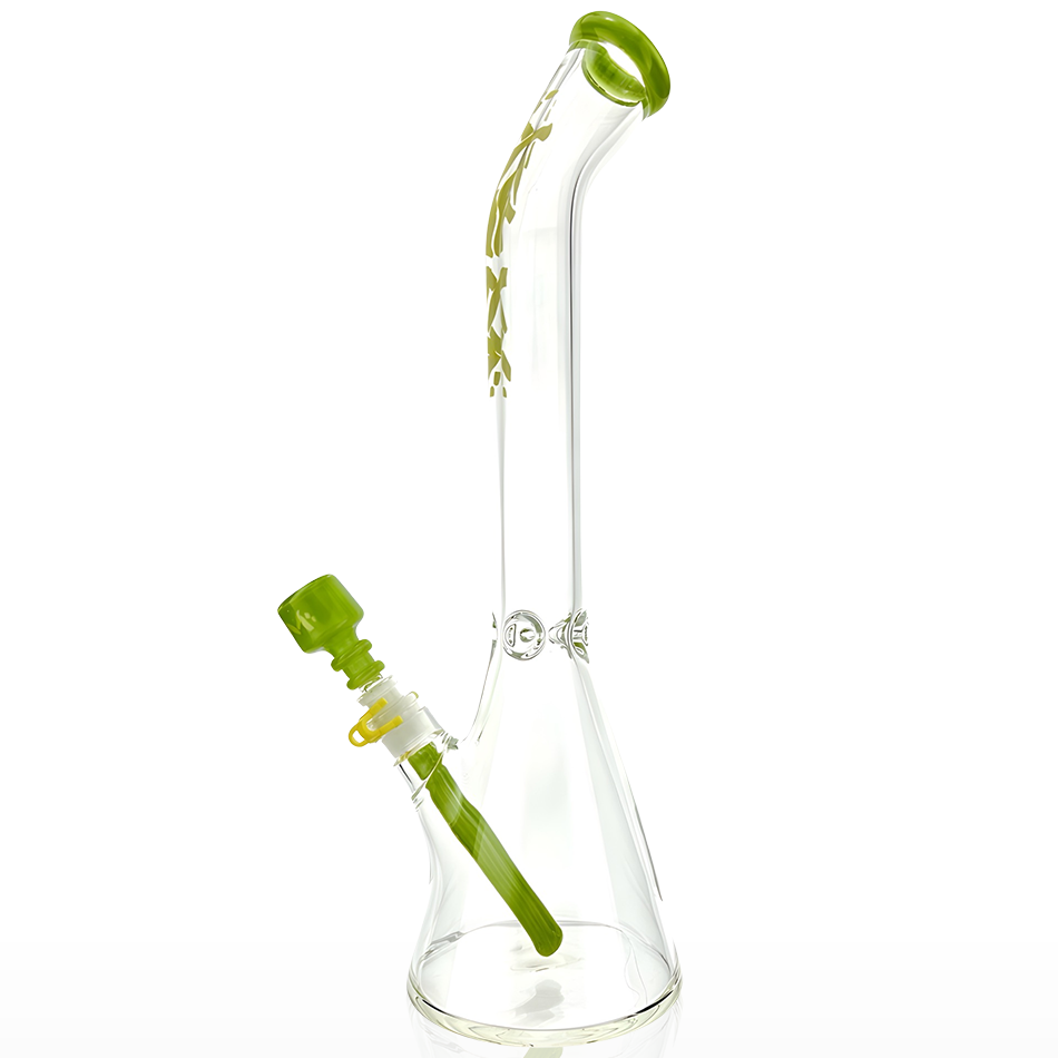 18" AFM Glass Beaker Bong with Wavy Bent Neck and 7mm Colored Lip, Front View on White Background