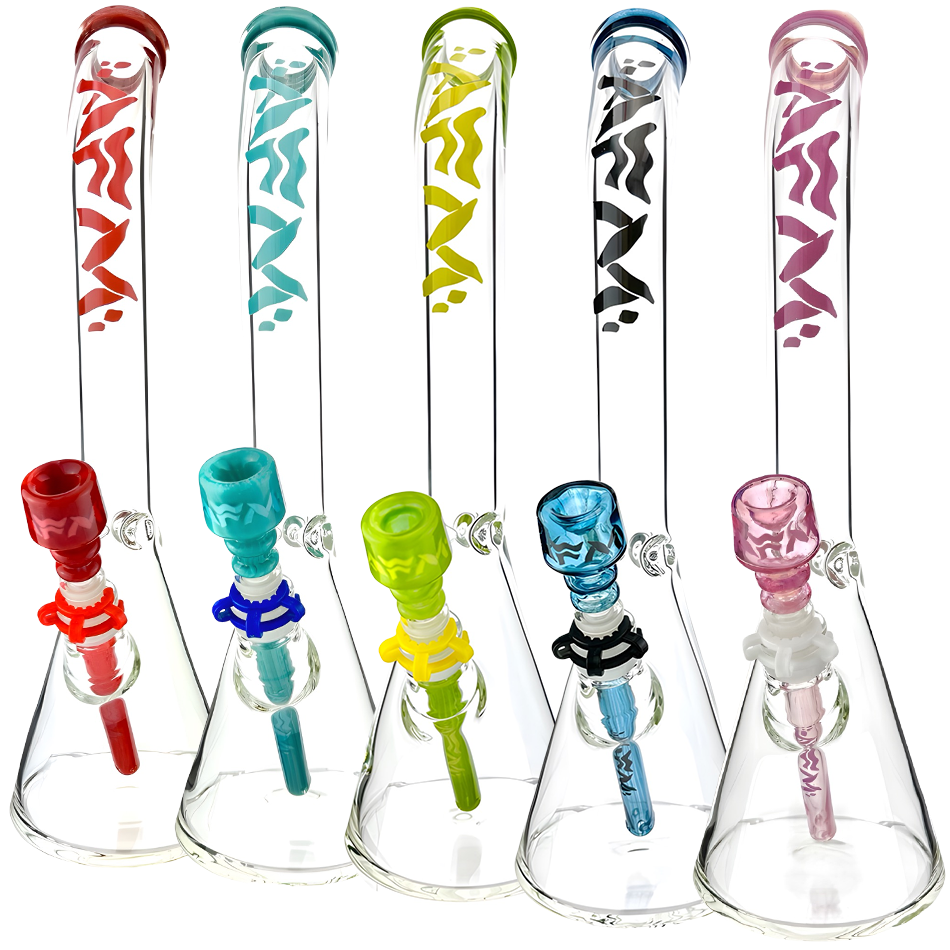 Row of 18" AFM Wavy Bent Neck Glass Beaker Bongs with Colored Lips and Deep Bowls