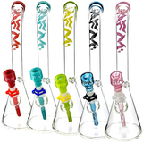 Row of 18" AFM Wavy Bent Neck Glass Beaker Bongs with Colored Lips and Deep Bowls