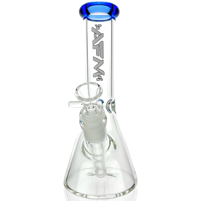 8" AFM Glass Mini Beaker with Blue Colored Lip and Showerhead Perc - Front View