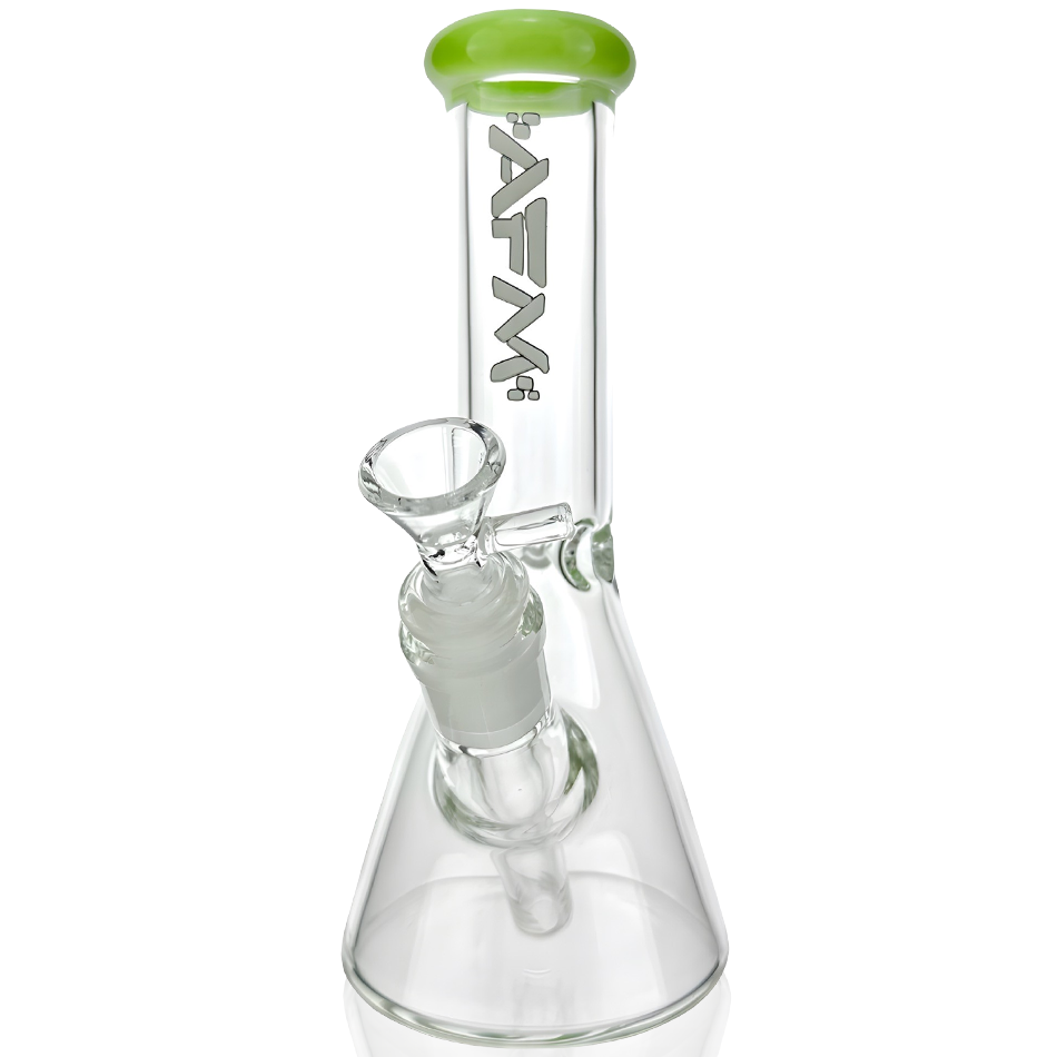 8" AFM Glass Mini Beaker with Colored Lip, Showerhead Perc, and Clear Borosilicate Body