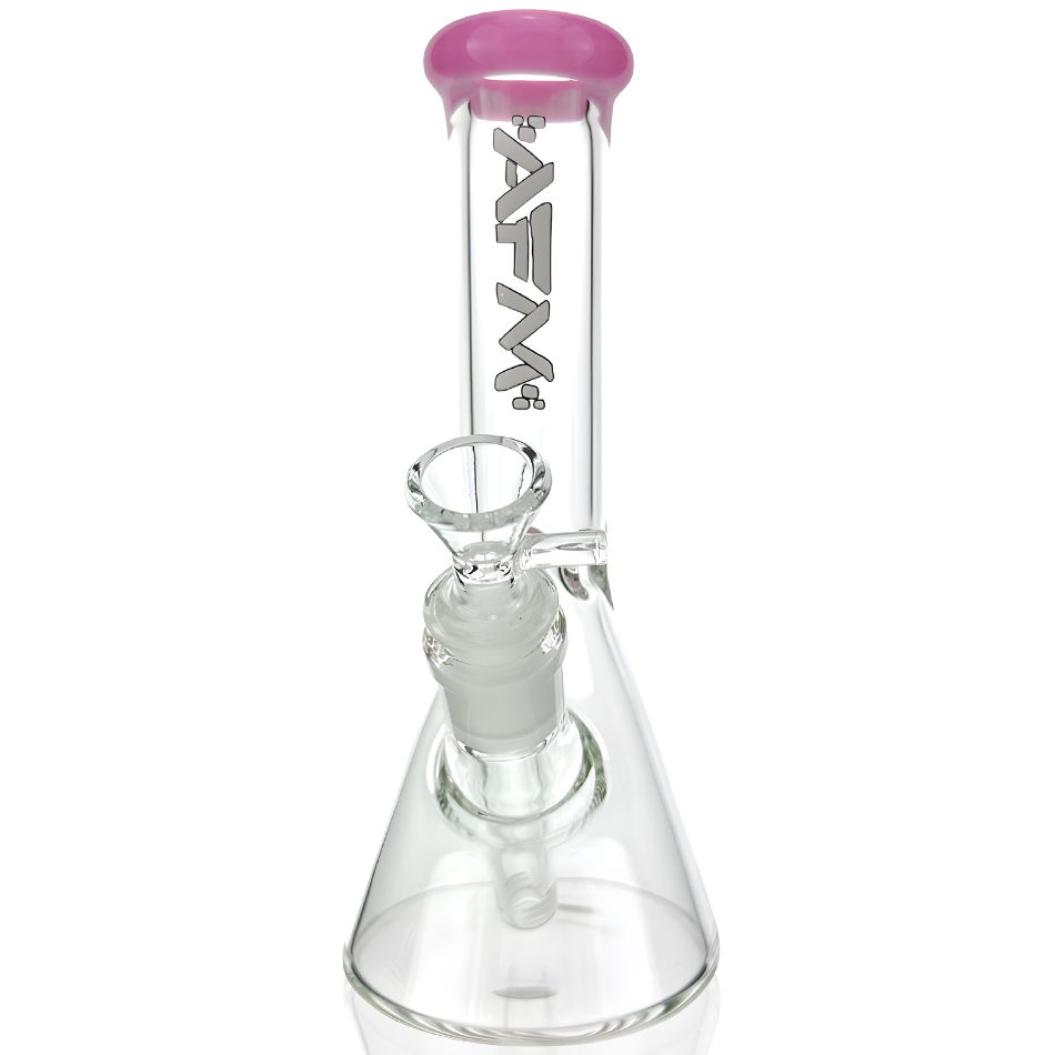 8" AFM Clear Mini Beaker Bong with Pink Colored Lip and Showerhead Perc, Front View