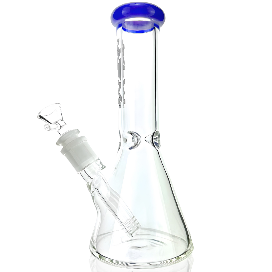 8" AFM Glass Mini Beaker with Blue Colored Lip and Showerhead Perc - Front View