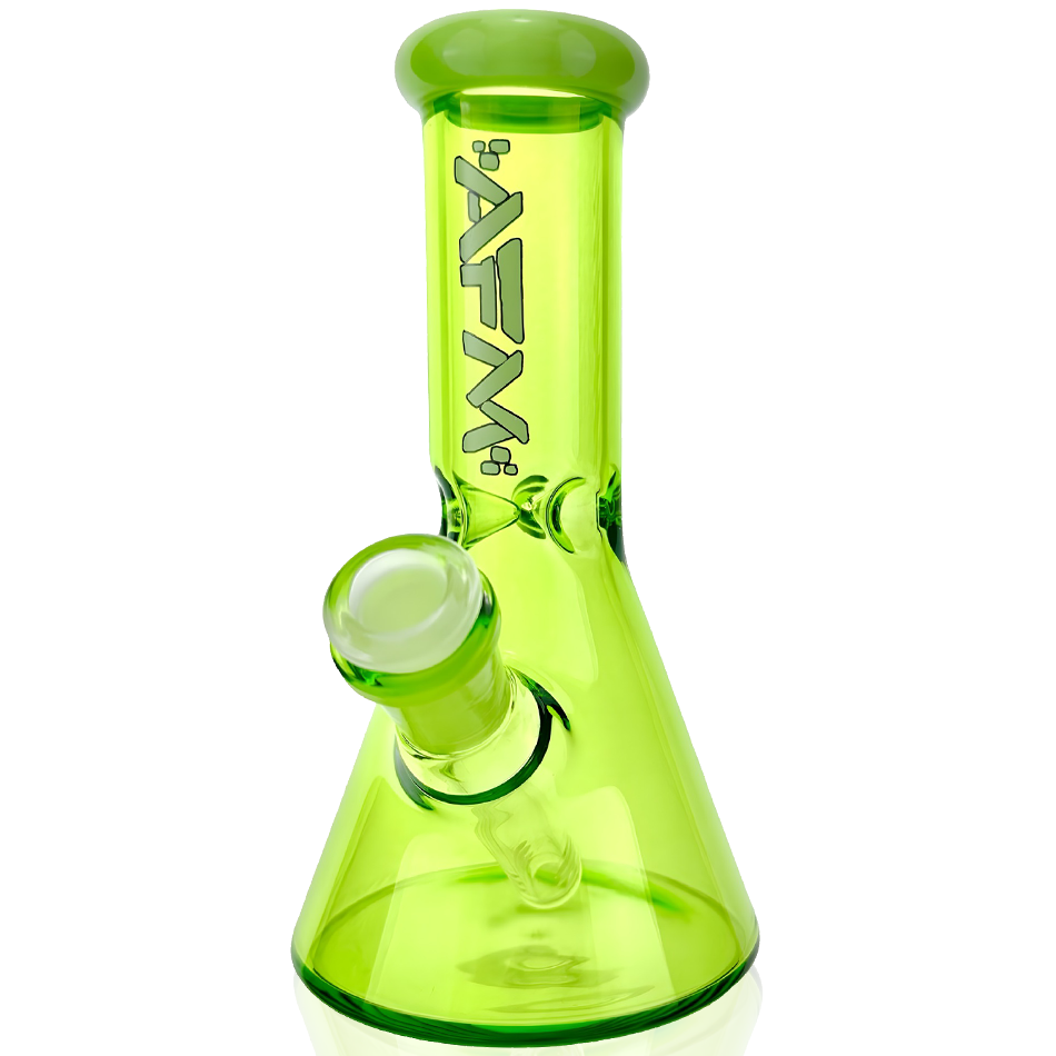 7" AFM Full Color Mini Beaker Bong in vibrant green with bent neck and female joint, front view