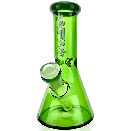 7" AFM Full Color Mini Beaker Bong in vibrant green with bent neck and clear female joint, front view