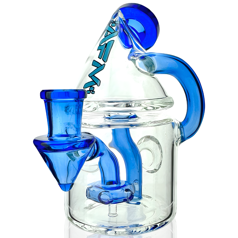 5.5" AFM Spaceship Glass Recycler Dab Rig with blue accents and showerhead perc, front view