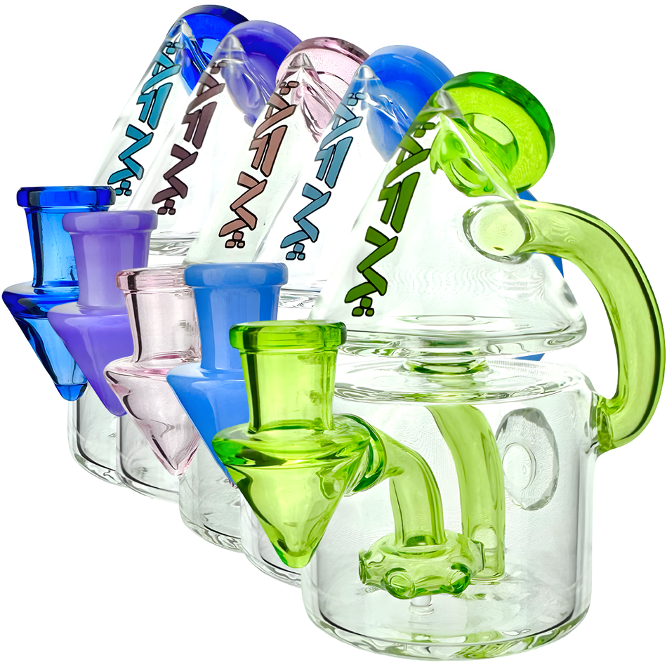 AFM 5.5" Spaceship Glass Recycler Dab Rigs lineup with colored bent necks and showerhead percs