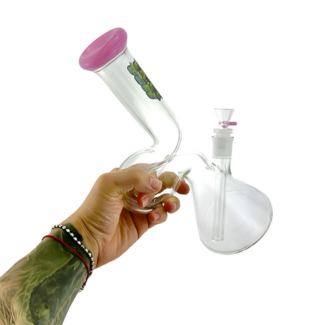 Hand holding a 12" AFM Hunchback Beaker Bong with Colored Lip, Borosilicate Glass, Side View