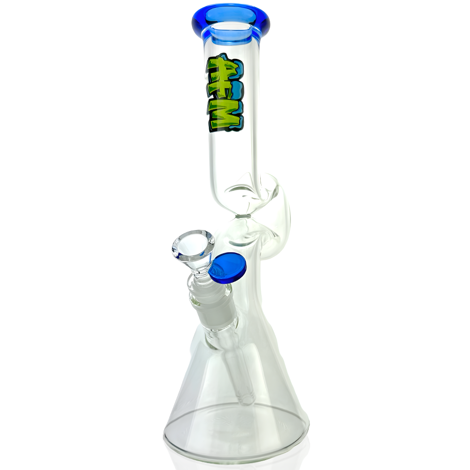 12" AFM Hunchback Glass Beaker Bong with Ink Blue Colored Lip and 14mm Female Joint