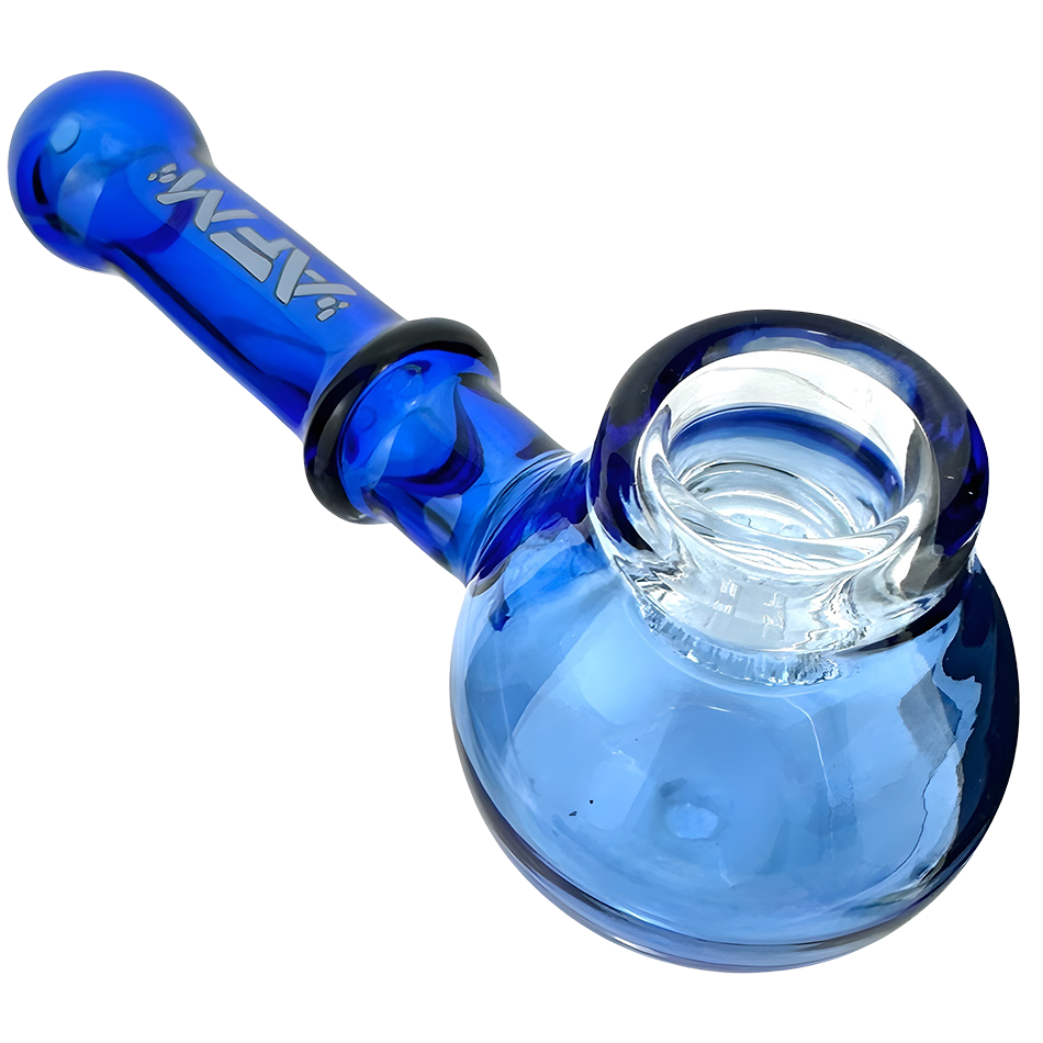 AFM The Kenny Pipe 4.5" in vibrant blue with clear glass bowl, top angle view on white background