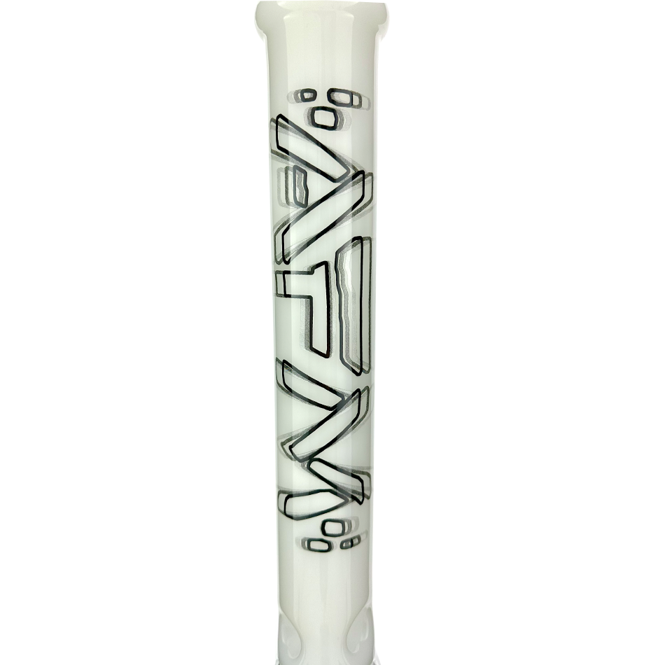 AFM 18" Void Glass Beaker Bong with intricate black designs on clear borosilicate glass, front view