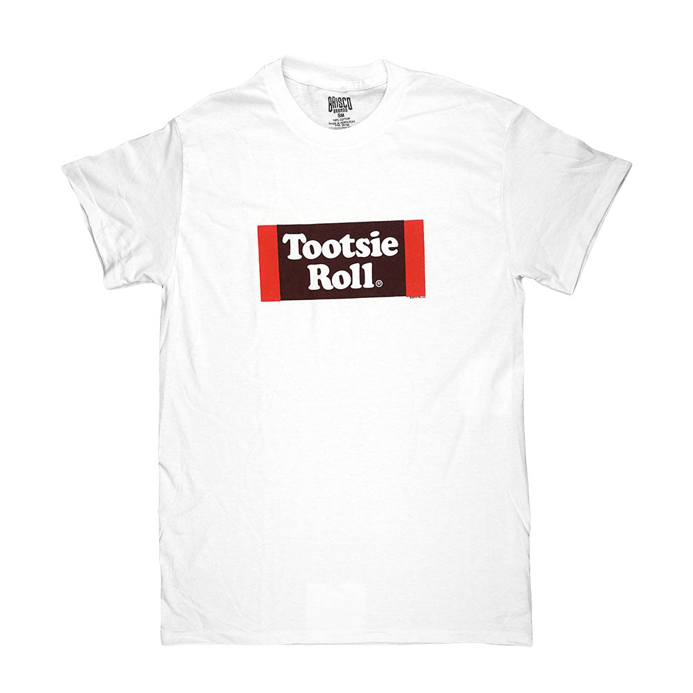 Brisco Brands Tootsie Roll Logo White T-Shirt Front View on Seamless Background