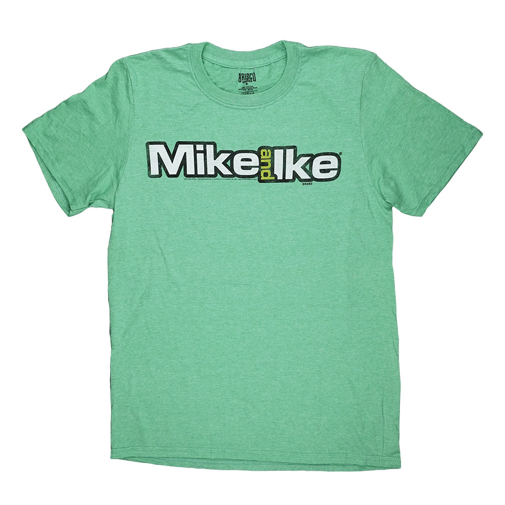 Brisco Brands Mike And Ike Logo T-Shirt in Heather Green, Front View on White Background