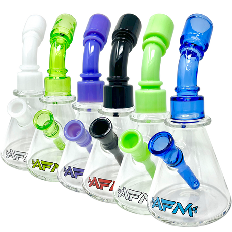 Assortment of 8" AFM One Shot Clear Glass Mini Dab Rigs with Colored Bent Necks