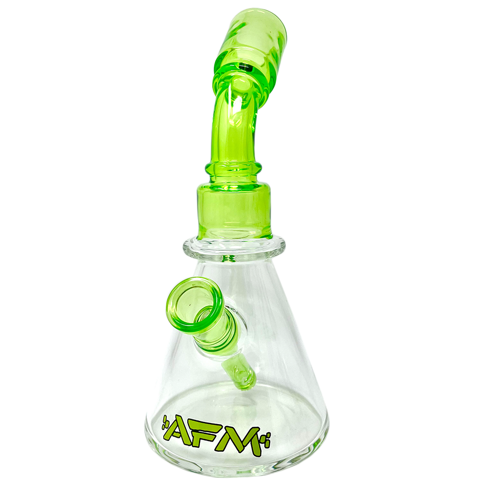 AFM 8" One Shot Clear Glass Mini Dab Rig with Bent Neck and Colored Accents, Front View