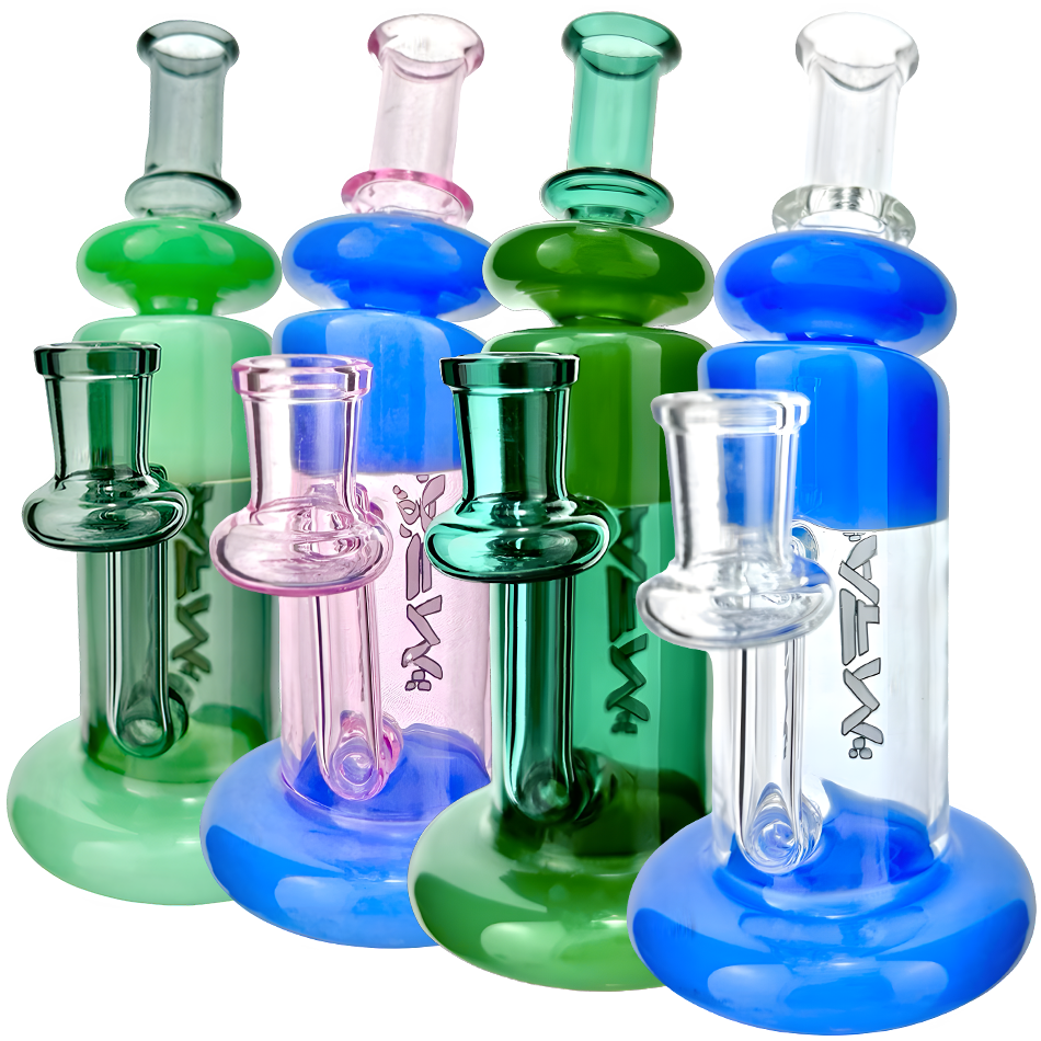 Assortment of 7" AFM RipNip Mini Dab Rigs in various colors with clear glass chambers