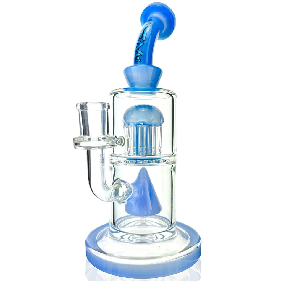 10" AFM Glass Pyramid Perc Dab Rig with Blue Accents and Bent Neck - Front View