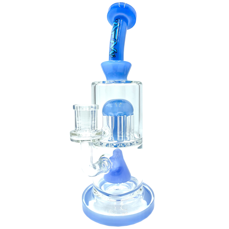 10" AFM Glass Pyramid Perc Dab Rig in Jade Blue with Showerhead Perc, Front View