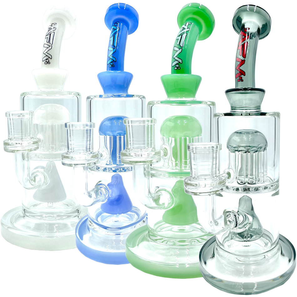 AFM Glass Pyramid Perc Dab Rigs in various colors with bent neck and showerhead perc, front view