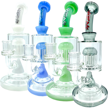 AFM Glass Pyramid Perc Dab Rigs in various colors with bent neck and showerhead perc, front view