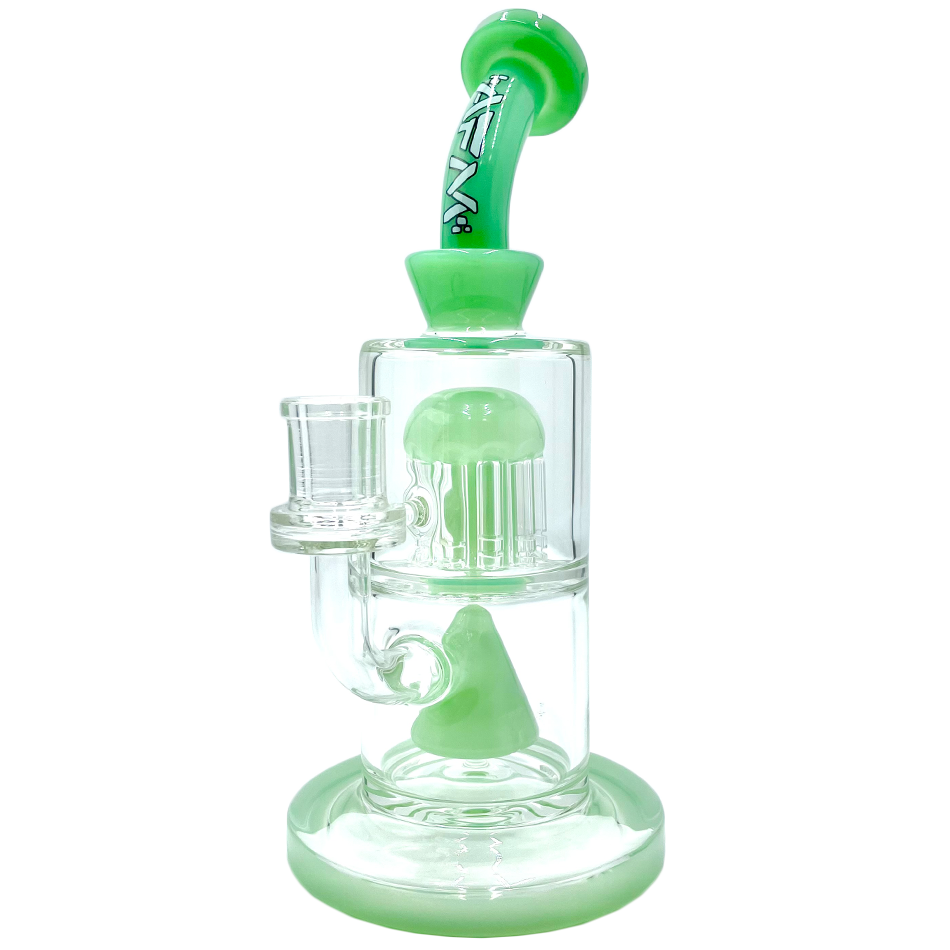 AFM Glass 10" Pyramid Perc Dab Rig in Mint with Bent Neck and Showerhead Perc, Front View