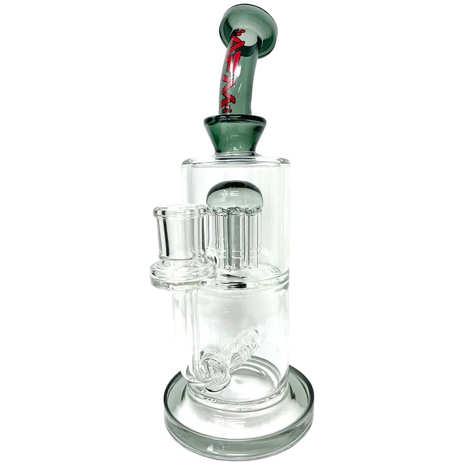 AFM Glass 10.5" Inline To Arm Dab Rig with Showerhead Perc, Bent Neck, and Smoky Red Logo