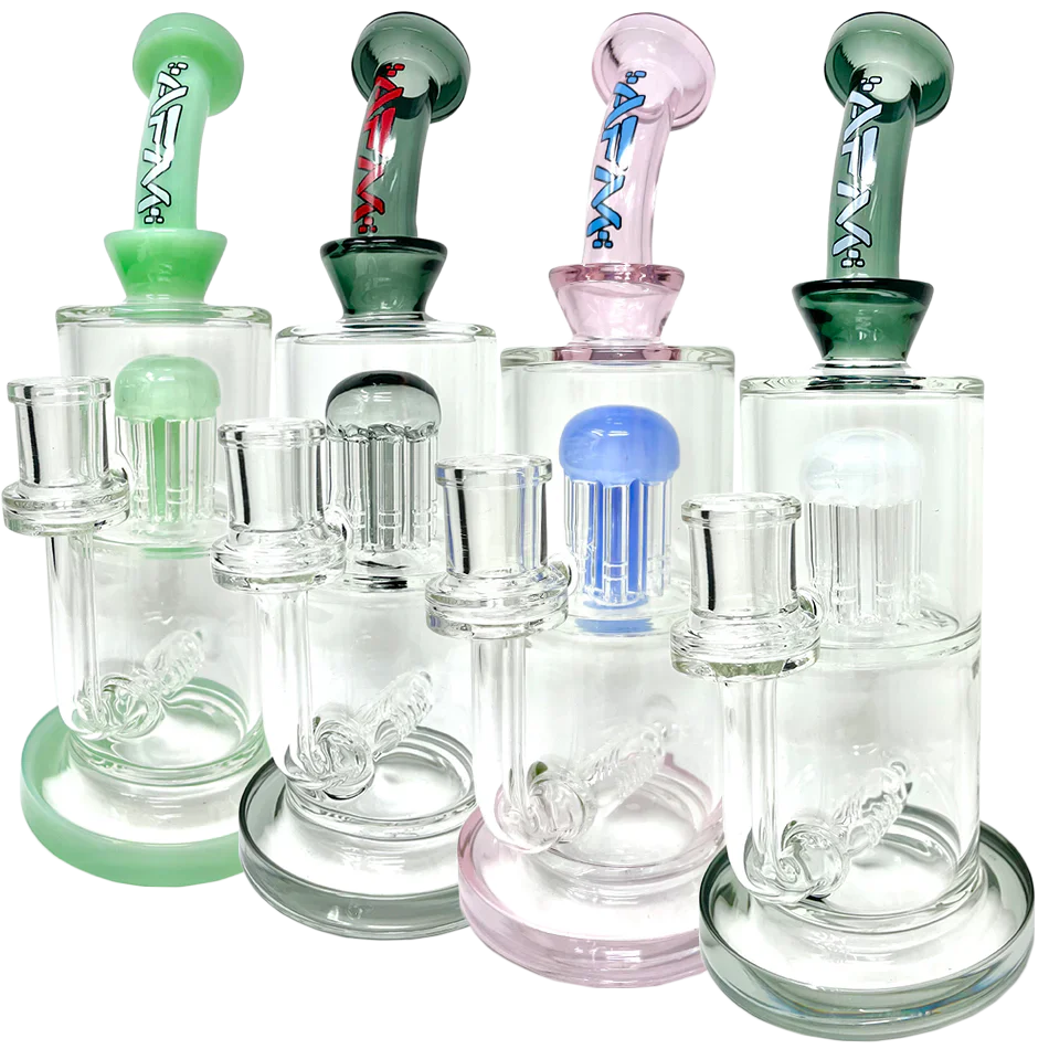 AFM Glass Inline To Arm Dab Rigs with Colored Bent Necks and Showerhead Percs