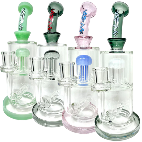 AFM Glass Inline To Arm Dab Rigs with Colored Bent Necks and Showerhead Percs