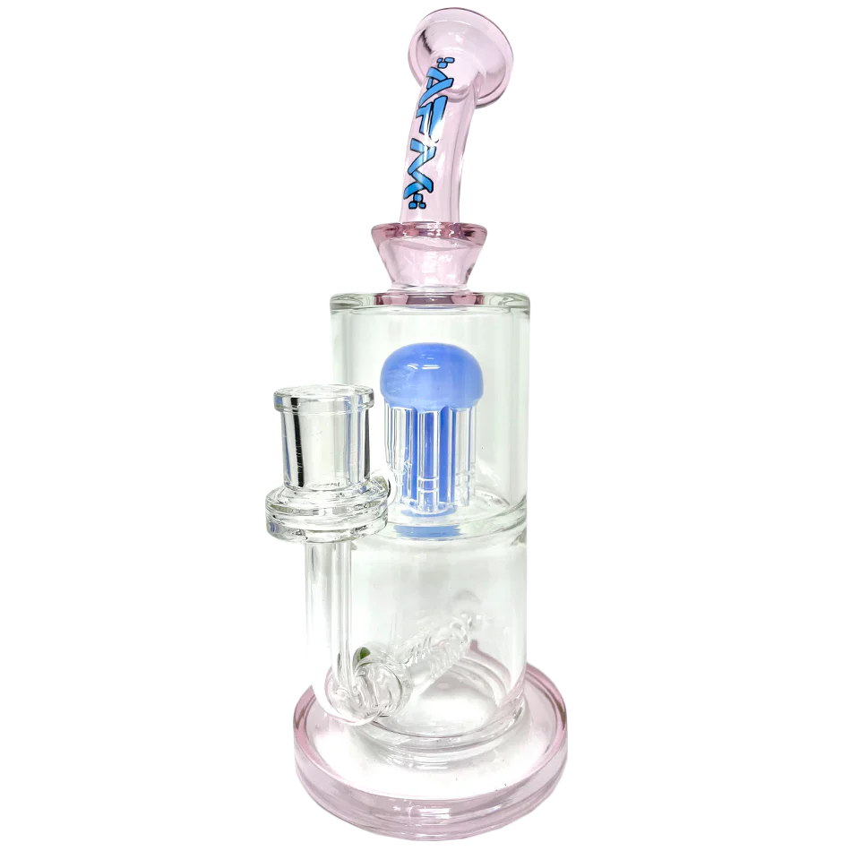 10.5" AFM Glass Dab Rig with Inline to Arm Percolator, Bent Neck & Pink Accents - Front View